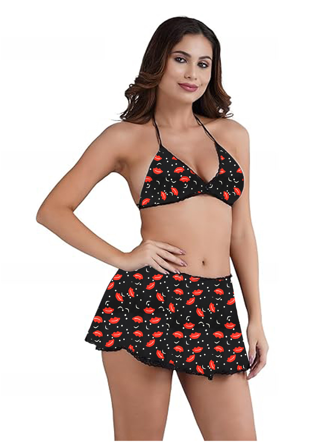 

chia fashions Modal Halter Neck Printed Baby Doll, Black