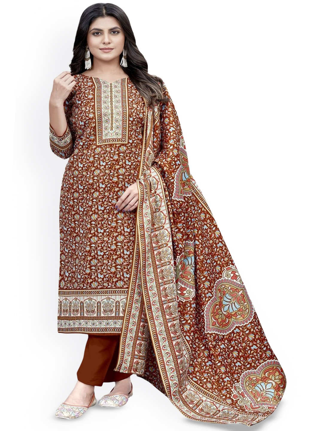 

DRAVINAM Trends Floral Printed Pashmina Unstitched Dress Material, Brown