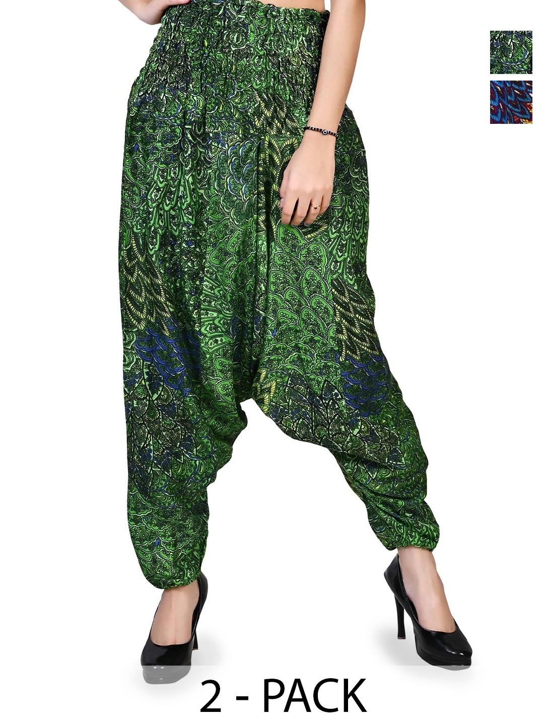 

NarNari Pack Of 2 Women Printed Loose-Fit Harem Pants, Green