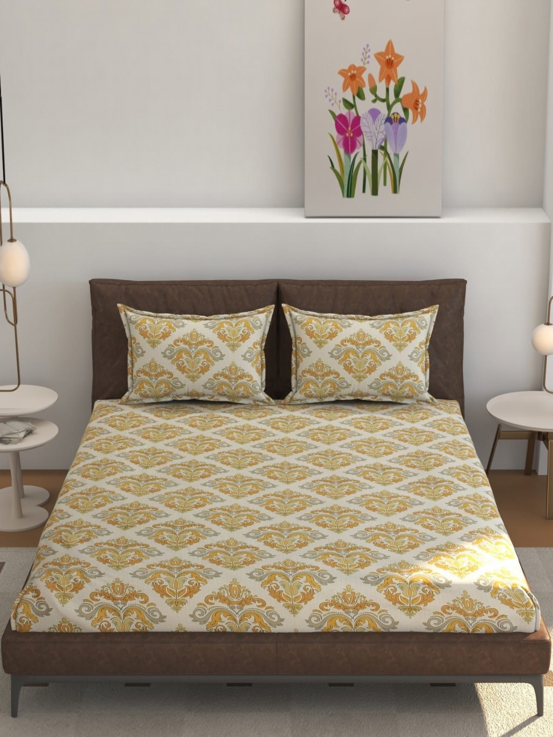 

RIDHAAN Yellow & White Ethnic Motifs 220 TC Cotton Fitted Queen Bedsheet Set 1.82m x 1.92m