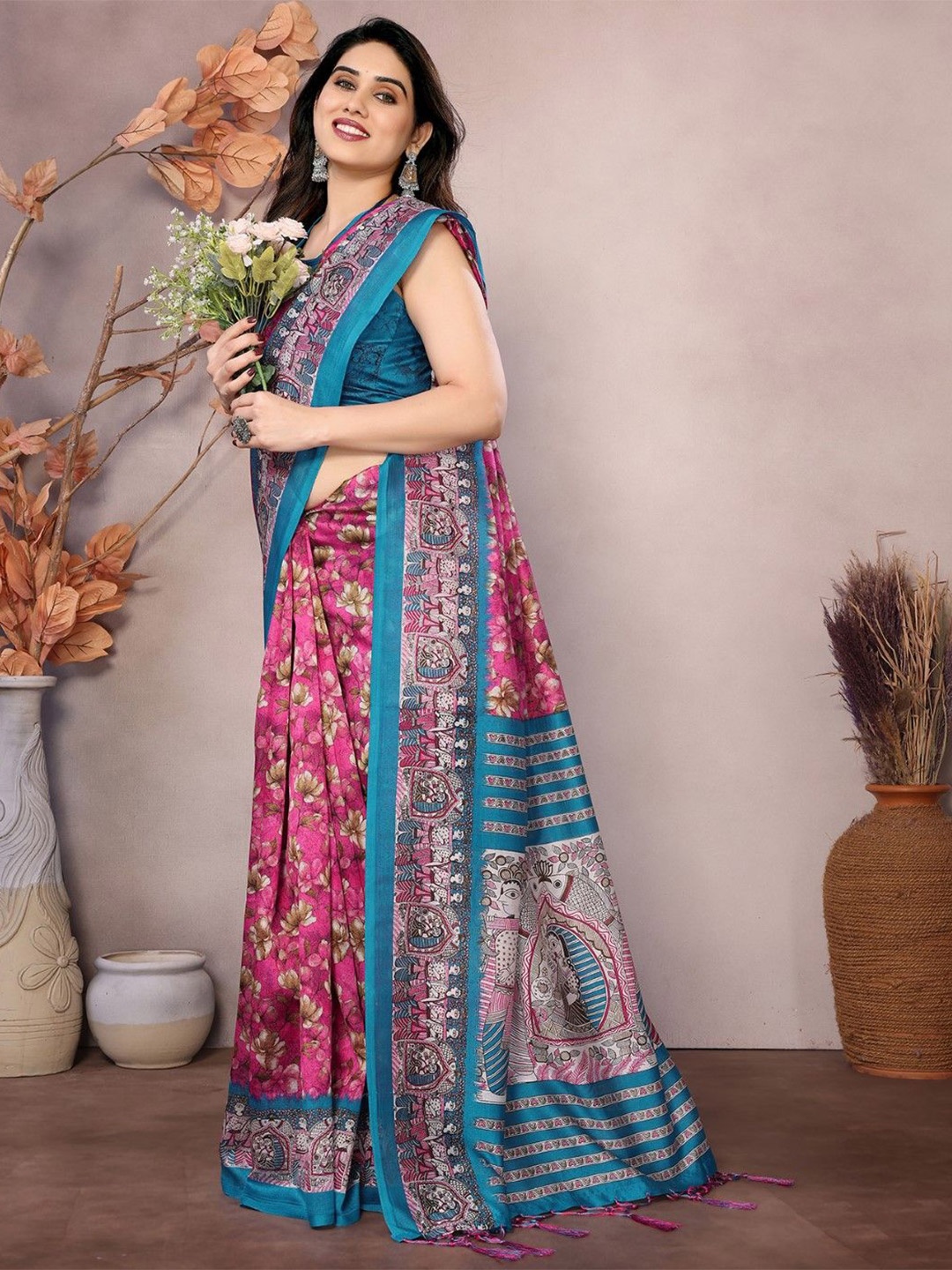 

KALINI Floral Art Silk Saree, Pink