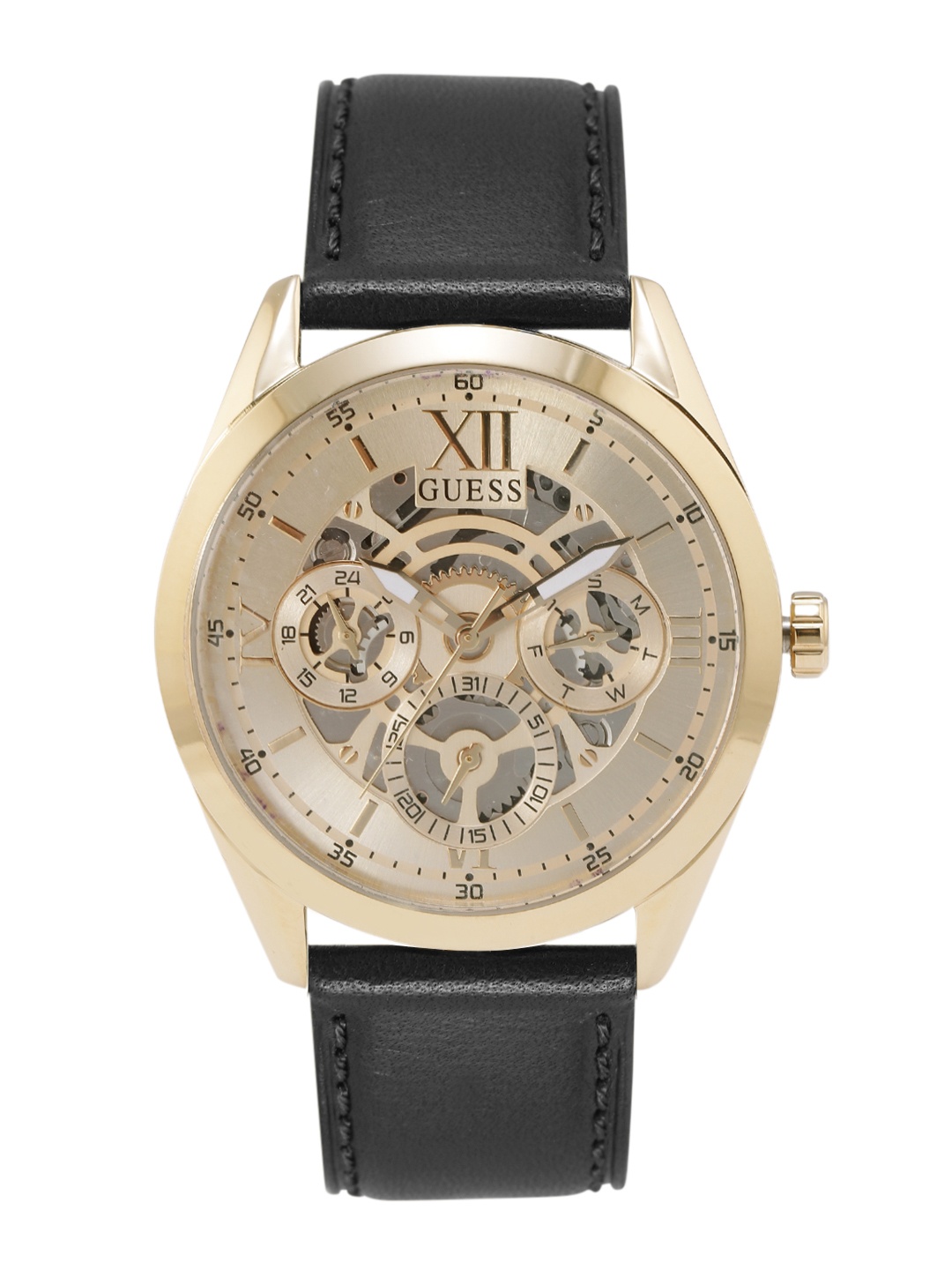 

GUESS Men Skeleton Dial & Leather Straps Analogue Multi Function Watch GW0389G2, Gold