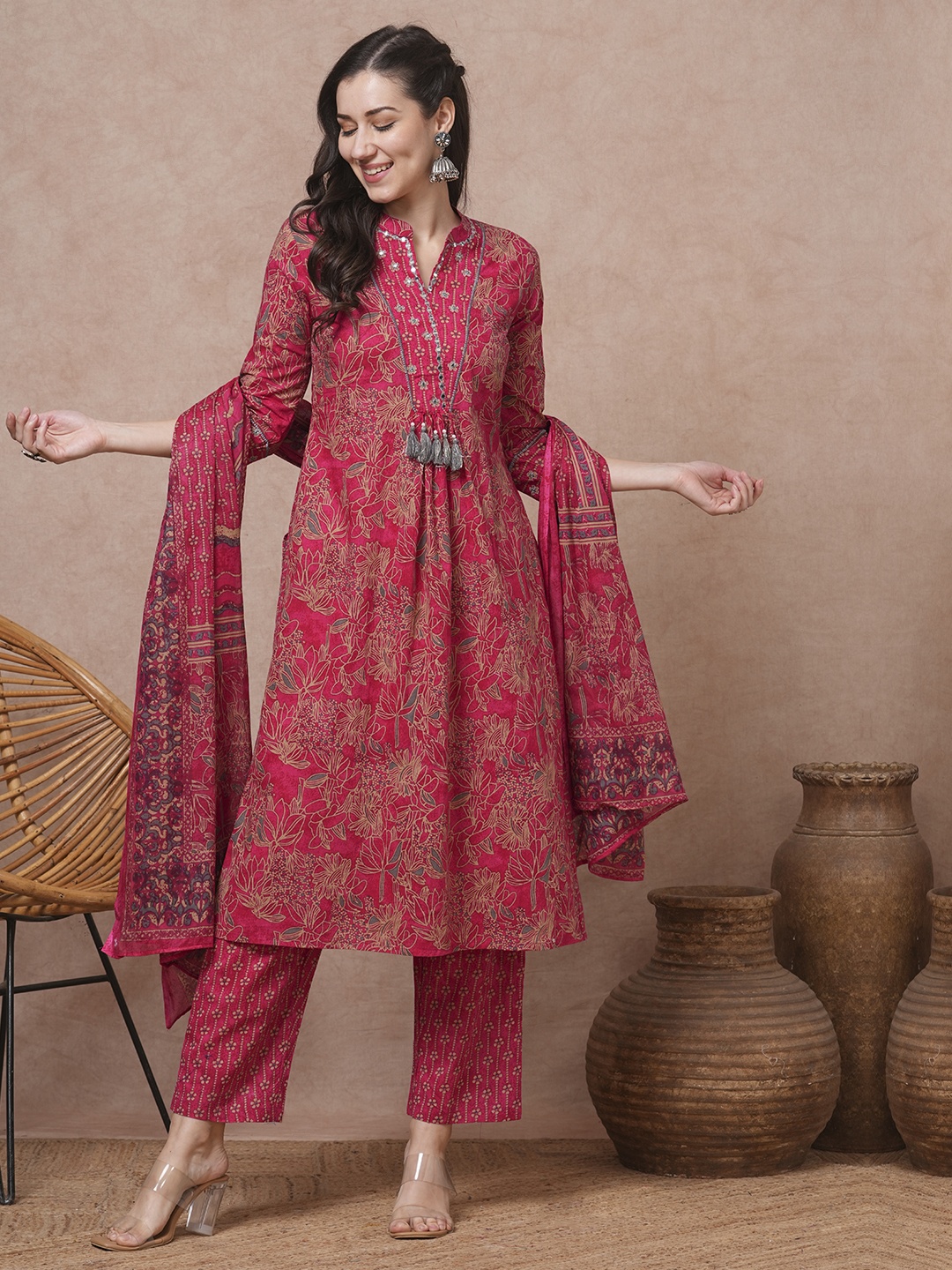 

FASHOR Women Ethnic Motifs Printed Regular Mirror Work Pure Cotton Kurta with Trousers & With Dupatta, Pink
