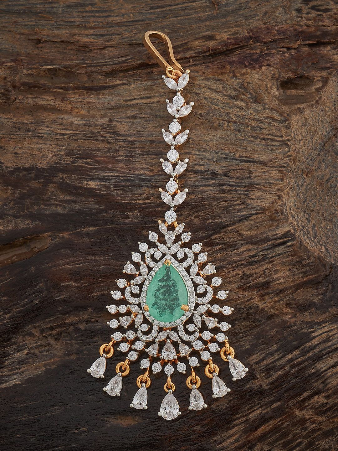 

Kushal's Fashion Jewellery Mint Rhodium Gold-Plated Cubic Zircon Maang Tikka