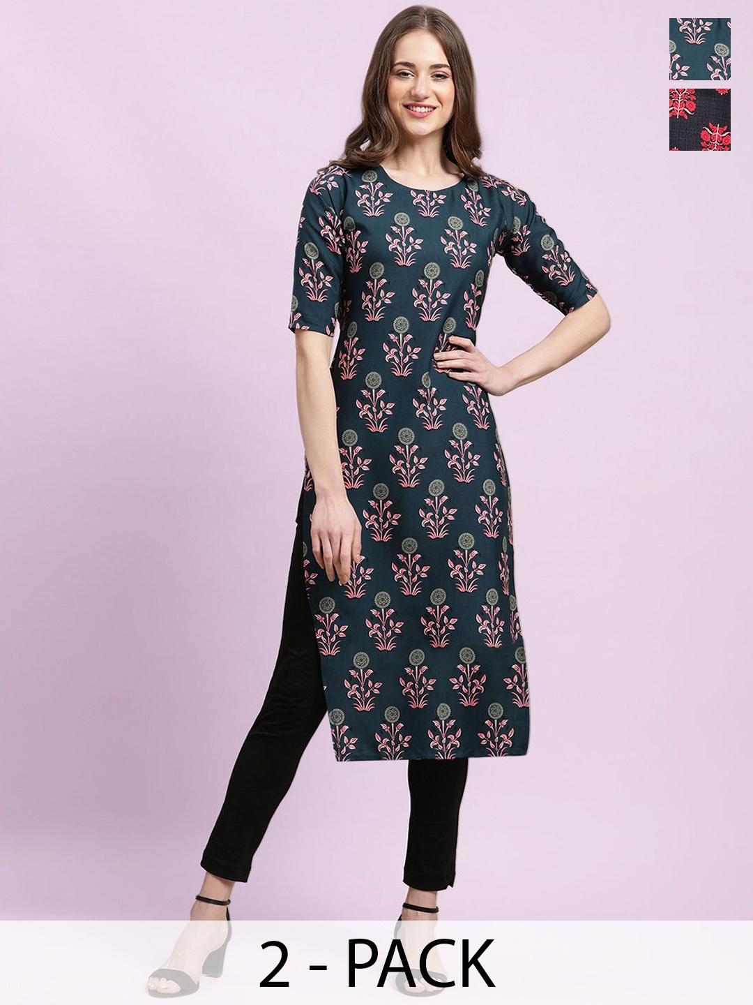 

Moda Rapido Green & Black Selection Of 2 Ethnic Motifs Printed Straight Kurtas