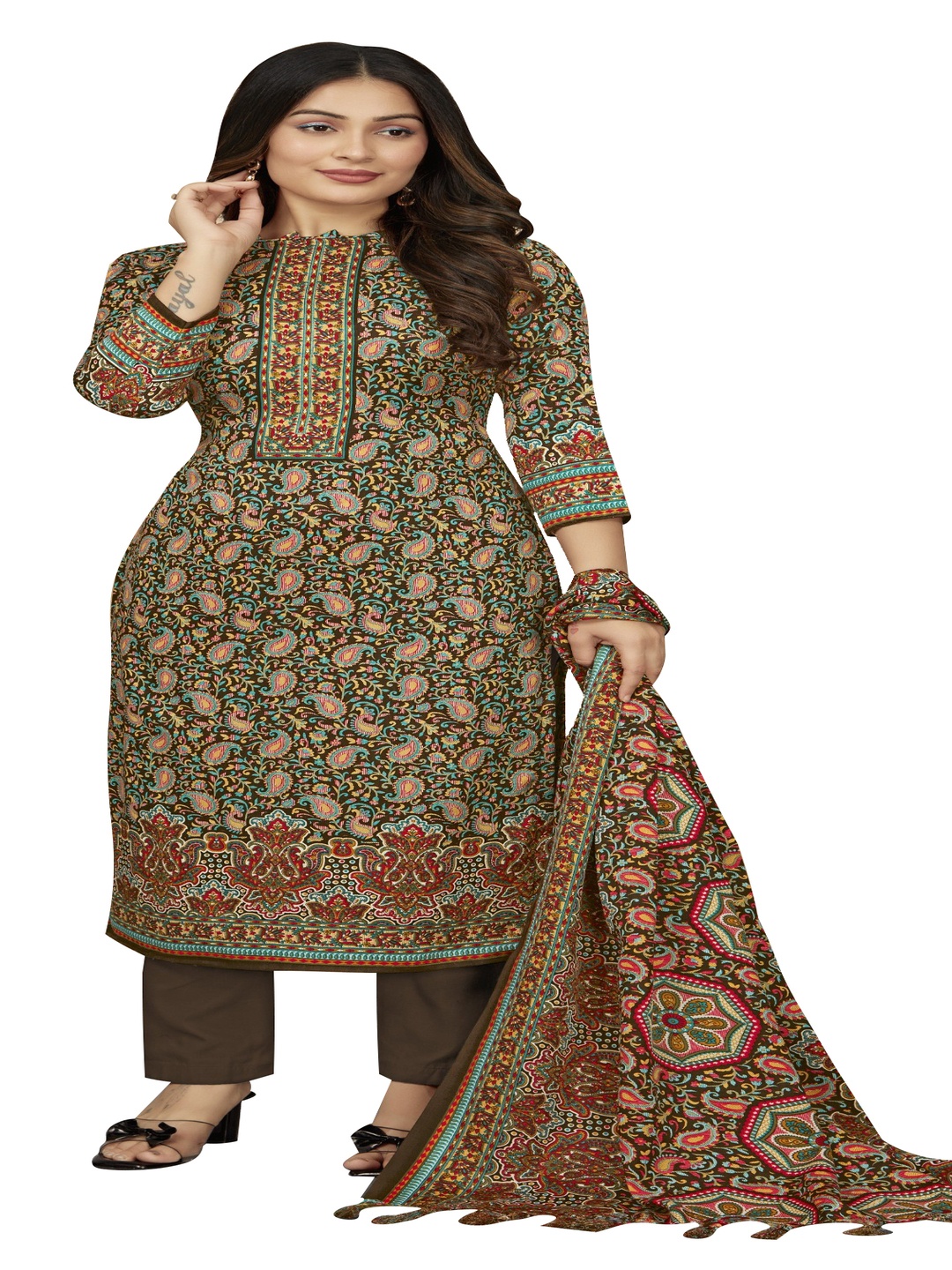 

DRAVINAM Trends Paisley Printed Pashmina Unstitched Dress Material, Brown