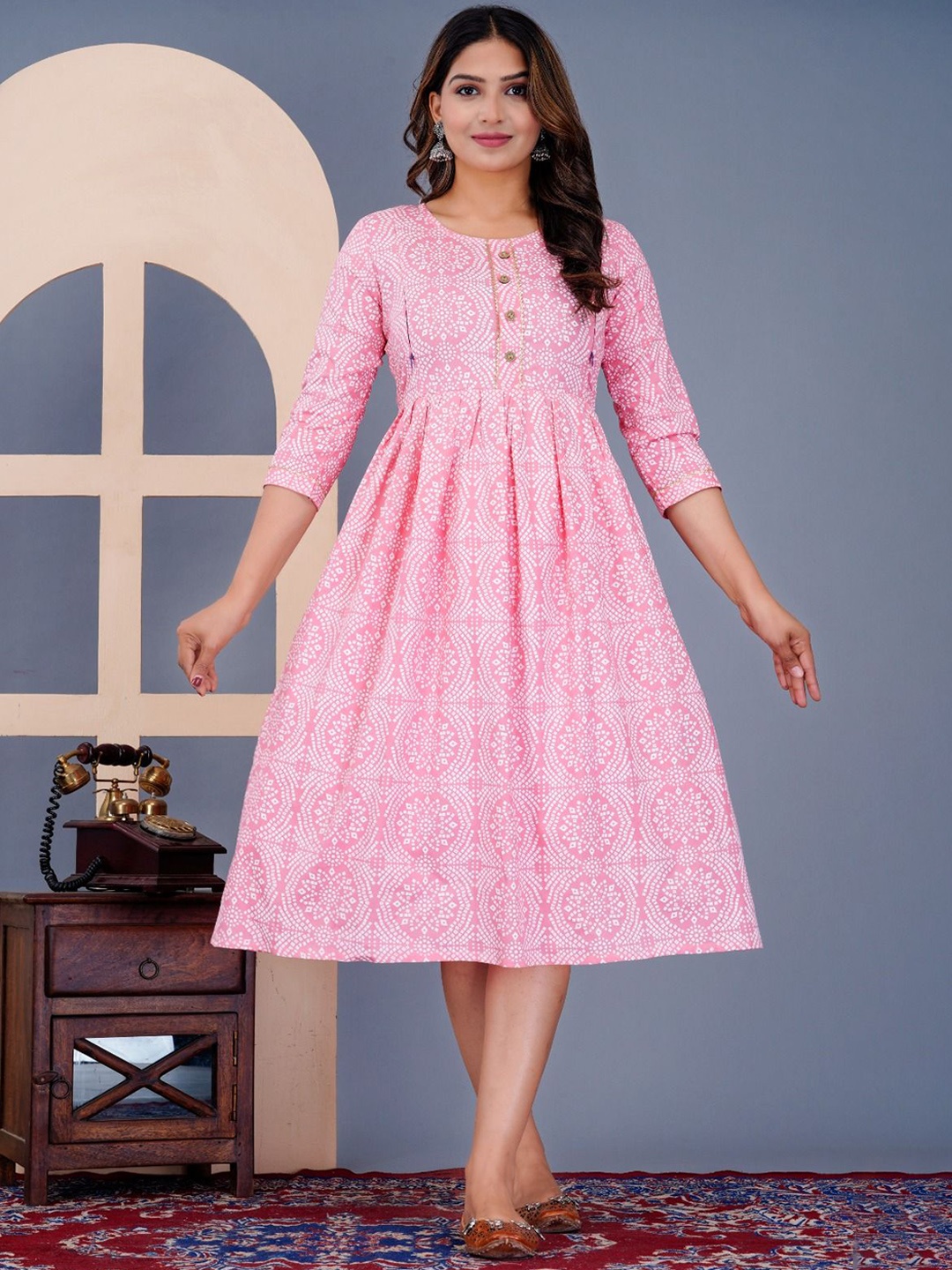 

TROPWEAR Bandhani Printed Round Neck Maternity Fit And Flare Ethnic Dresses, Peach