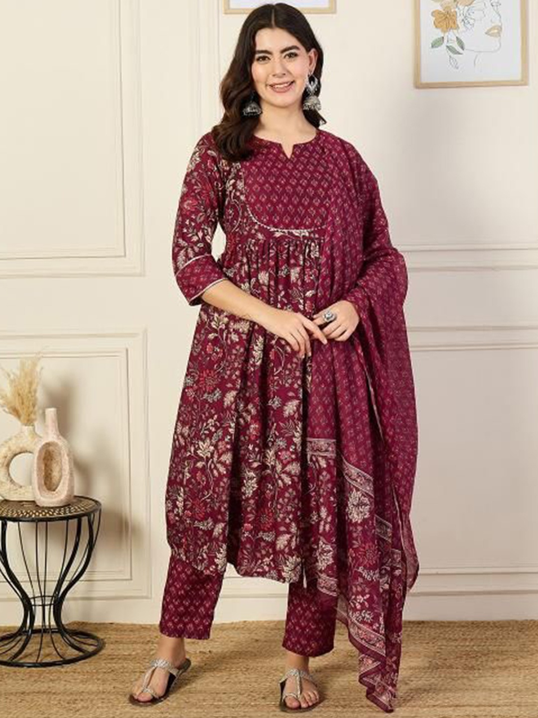 

Moda Rapido Floral Printed Notch Neck Pure Cotton Anarkali Kurta With Trouser & Dupatta, Maroon