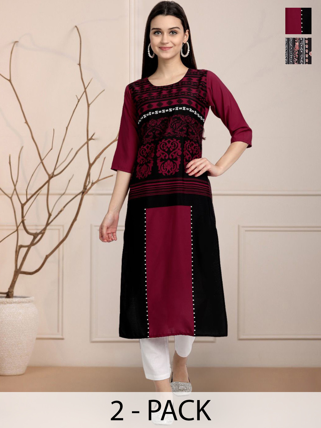 

Moda Rapido Maroon & Black Selection Of 2 Ethnic Motifs Printed Straight Kurtas