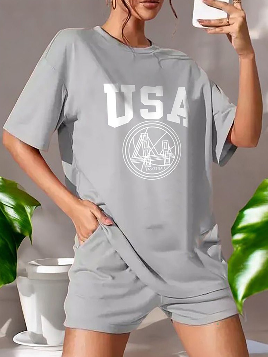 

My Swag Women Printed Cotton T-Shirt & Shorts Co Ord Set, Grey