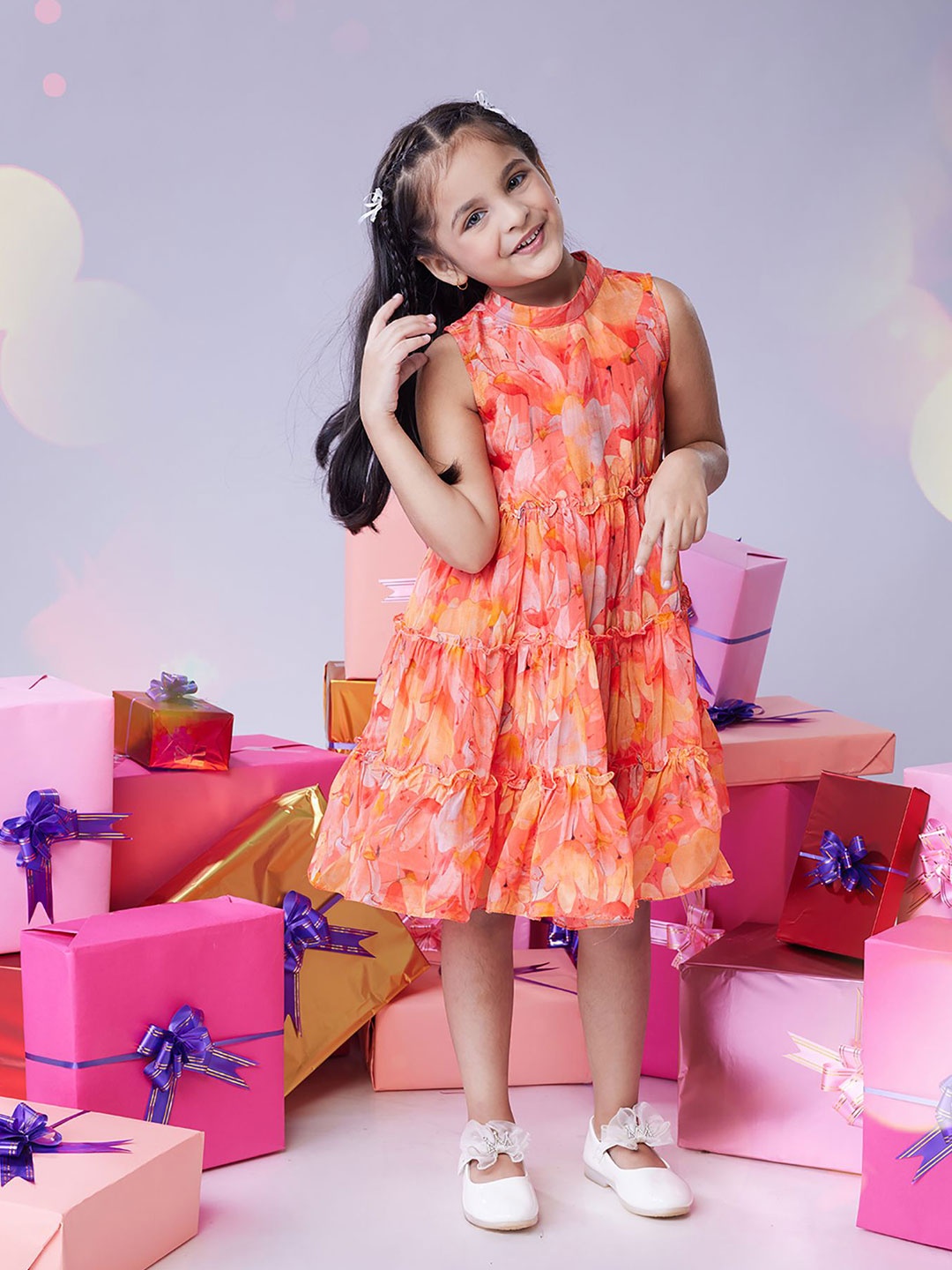 

MASTARANG Kids Sleeveless Three Tier Dress, Orange