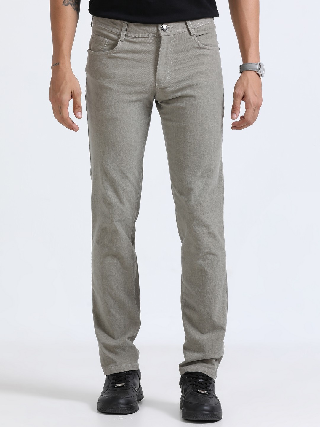

NEVER NEUD Men Relaxed Straight Fit Corduroy Trousers, Grey