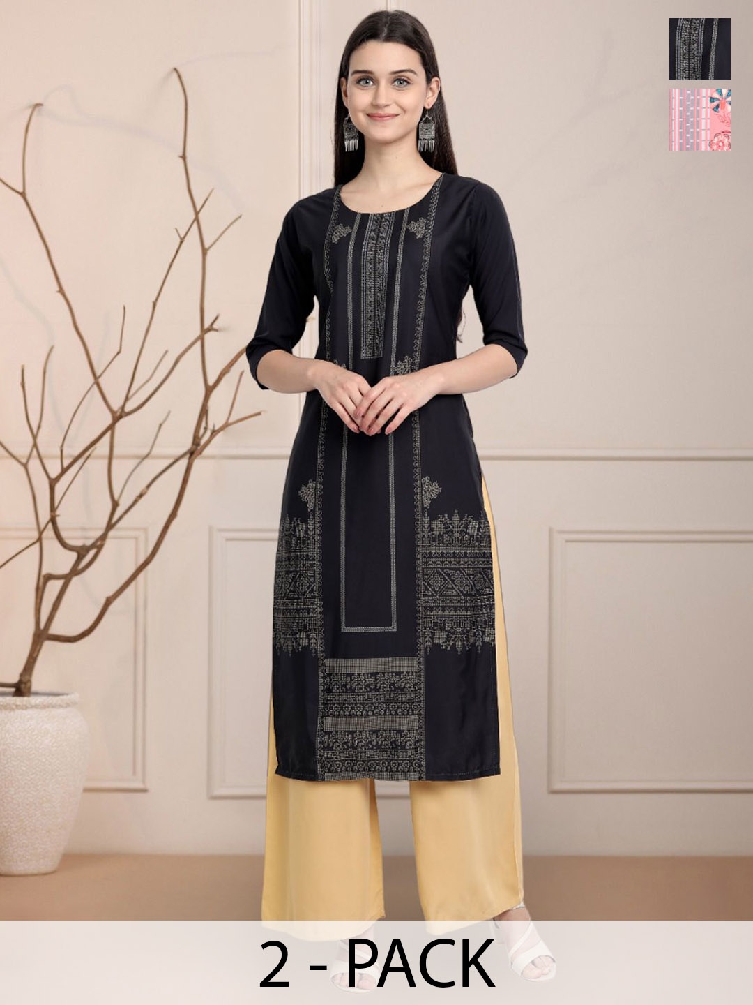 

Moda Rapido Black & Pink Selection Of 2 Ethnic Motifs Printed Straight Kurtas