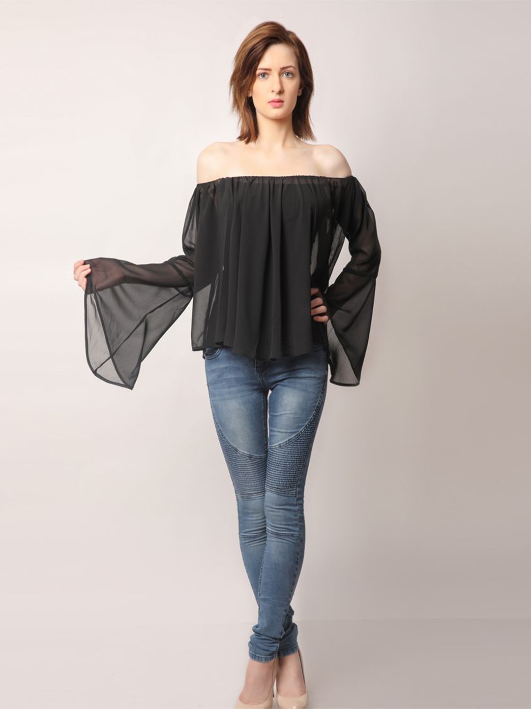 

DELIS Off-Shoulder Bell Sleeve Monochrome Georgette Top, Black
