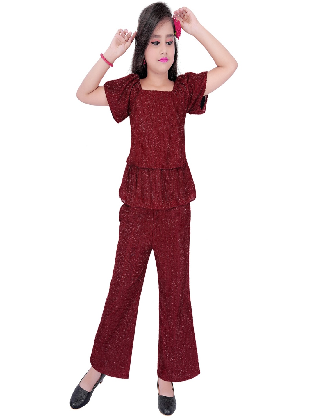 

ZACKBEE Girls Square Neck Top With Trousers, Maroon