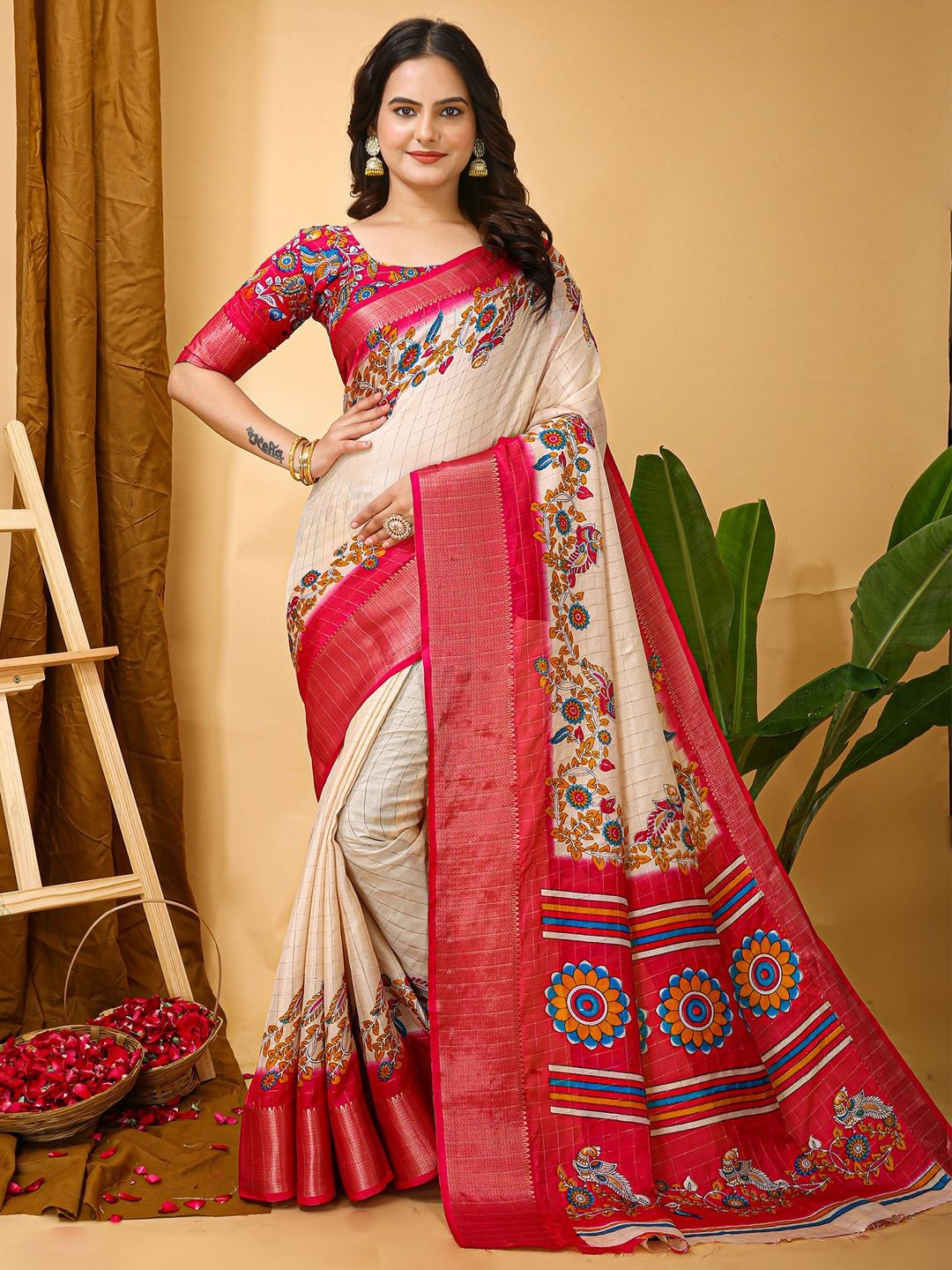 

Anouk Rustic Kalamkari Zari Block Print Saree, Cream