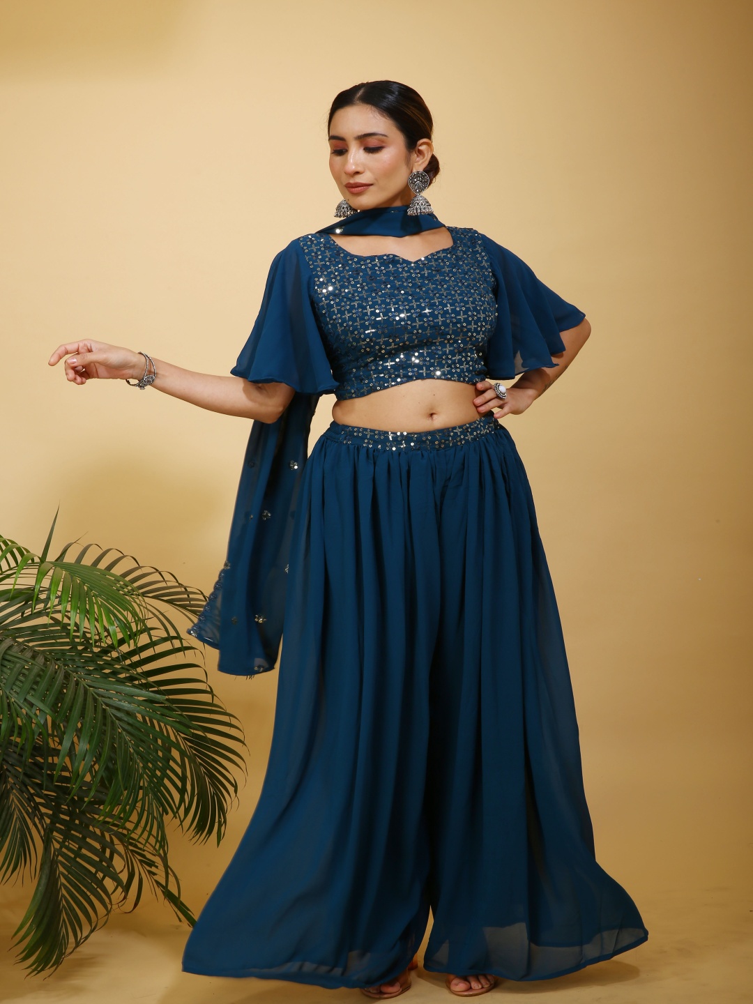 

SANCIA Embroidered Sequins Top With Palazzos And Dupatta, Teal