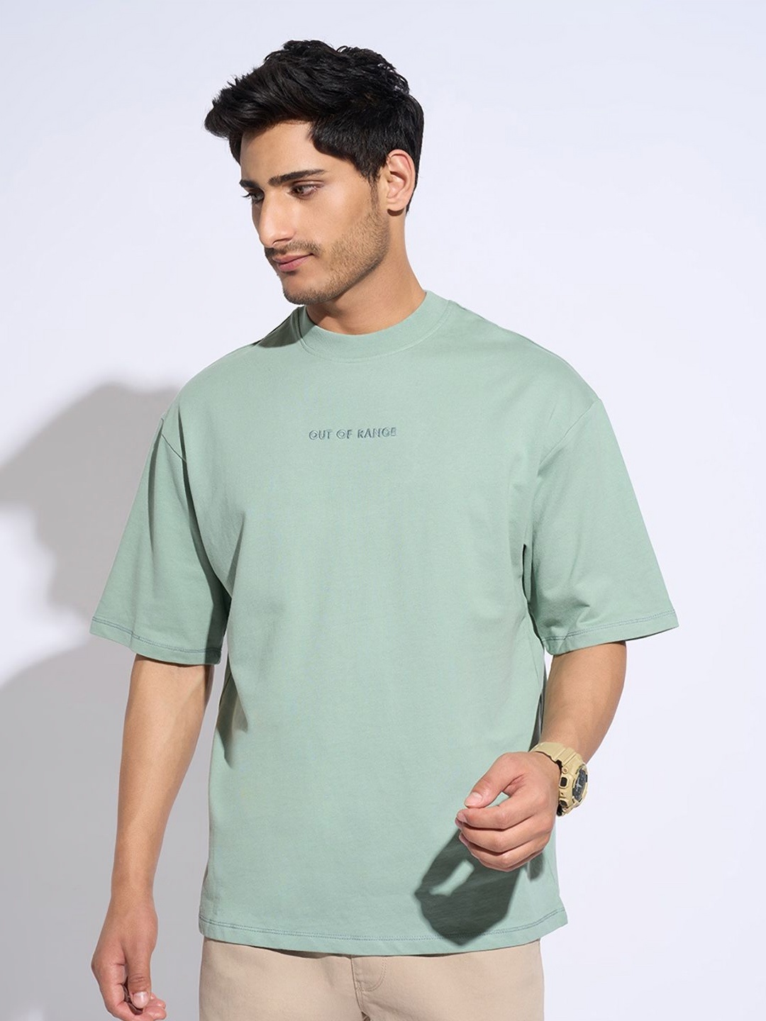 

7 Alt by Pantaloons Men Solid Round Neck Cotton Oversized T-shirt, Sea green