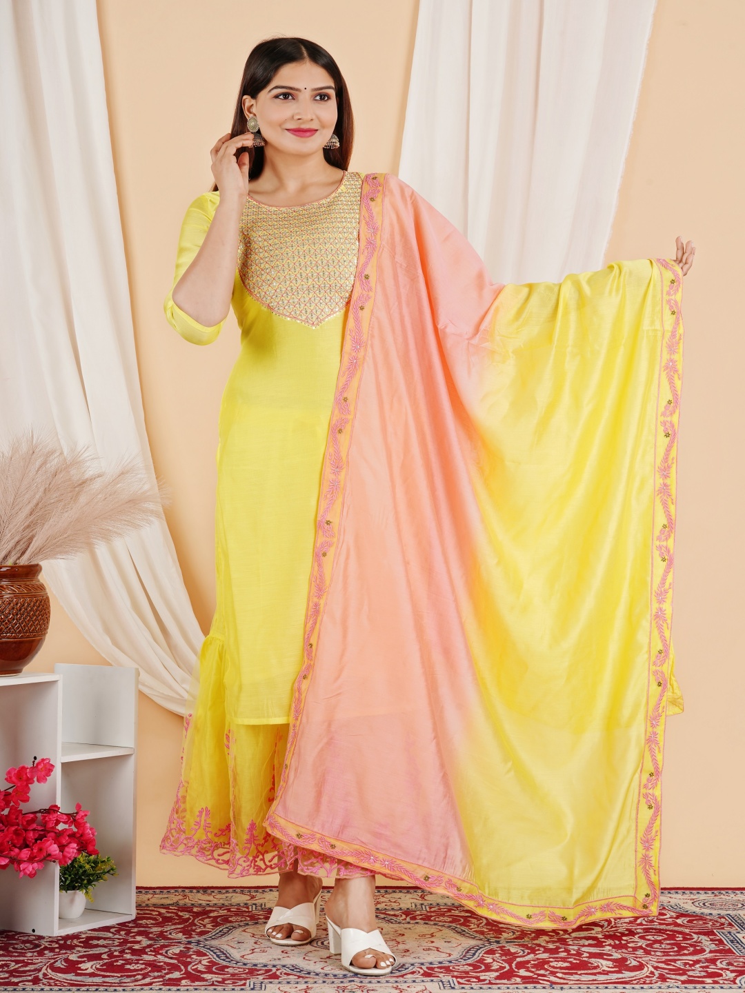 

AMIRAS INDIAN ETHNIC WEAR Embroidered Chanderi Cotton Kurta With Sharara And Dupatta, Yellow