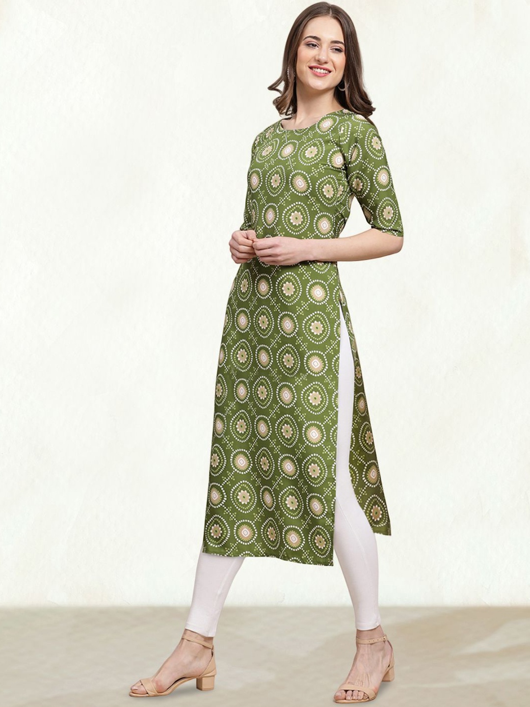

Moda Rapido Ethnic Motifs Printed Round Neck Straight Kurta, Olive