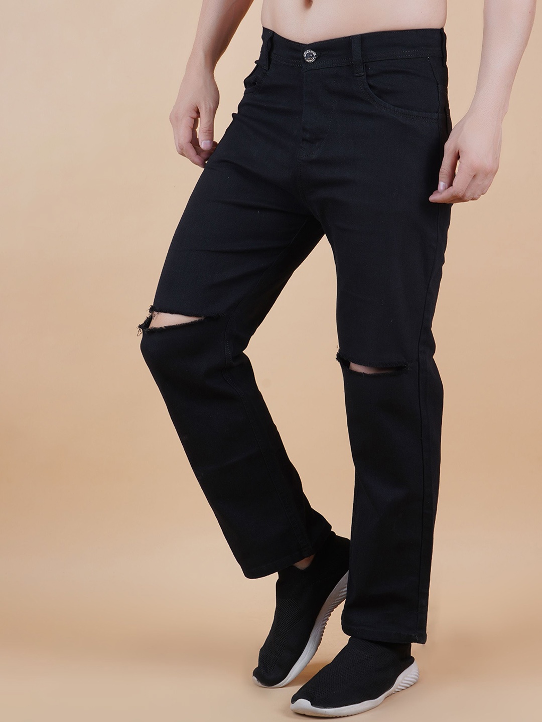 

COMFITS Men Cotton Classic Relaxed Fit Slash Knee Mid-Rise Jeans, Black