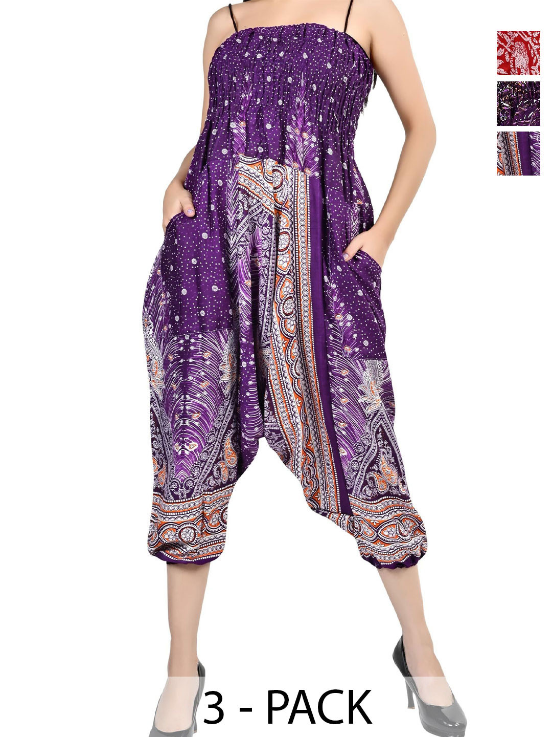 

NarNari Women Pack Of 3 Printed Mid-Rise Harem Pants, Purple