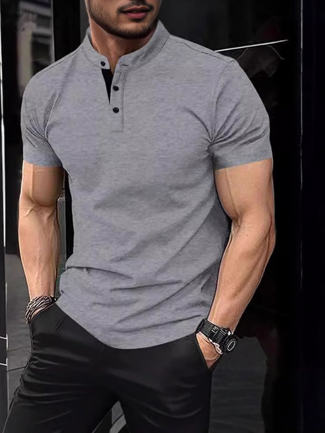 

StyleCast x Revolte Men Polo Collar Raw Edge T-shirt, Grey