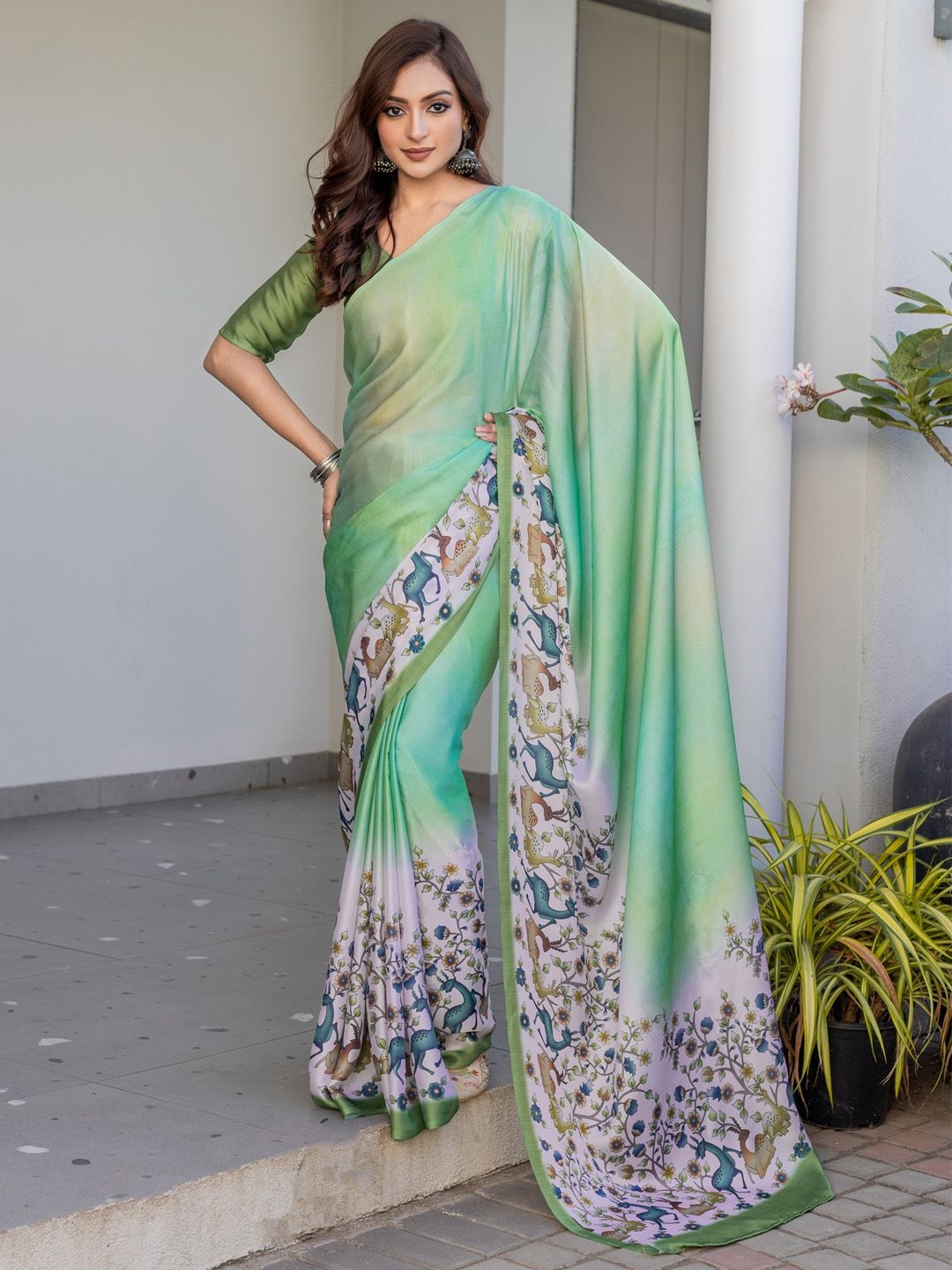 

Saree mall Solid Satin Muga Sarees, Green