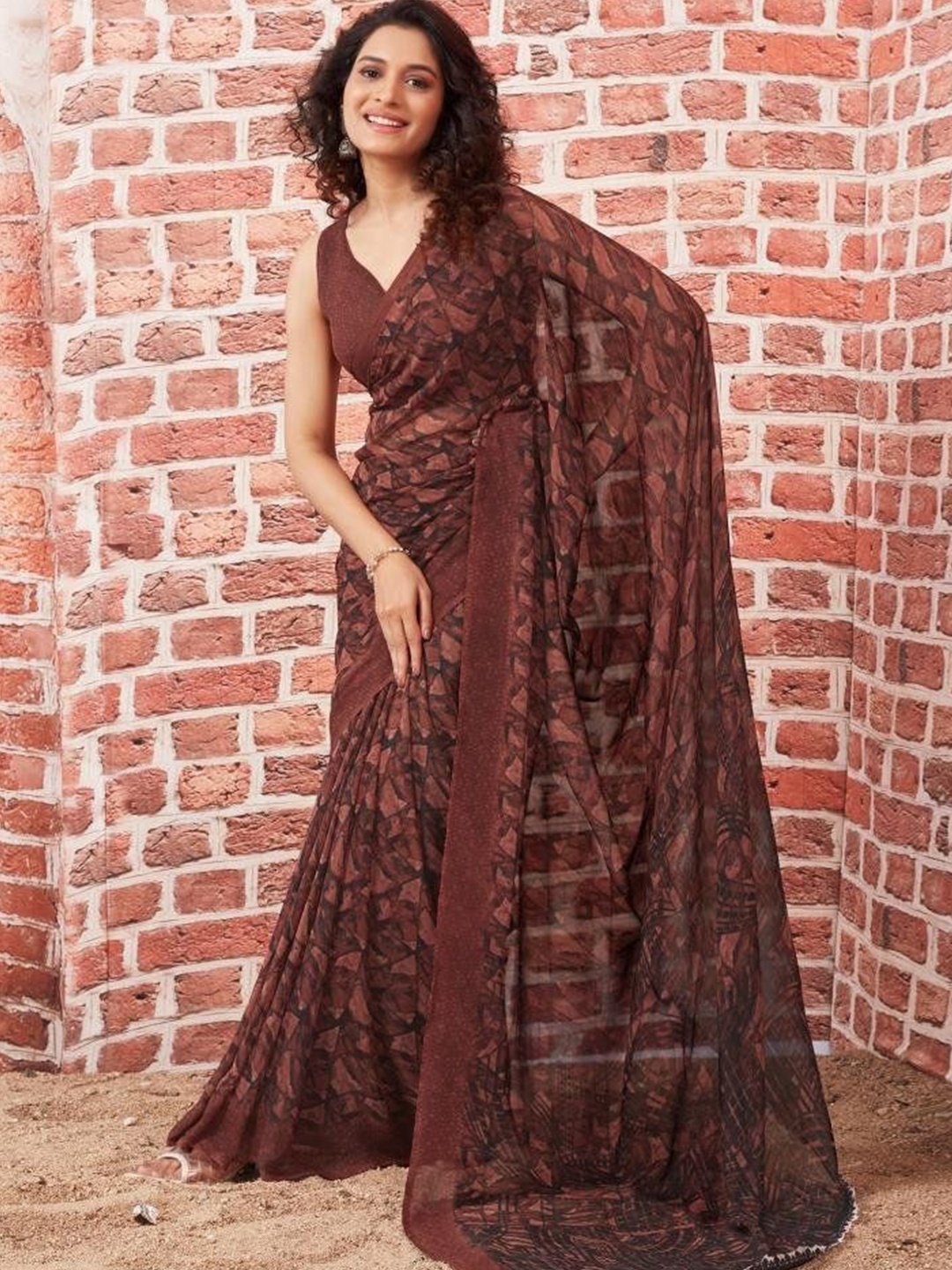 

HERE&NOW Printed Bagh Saree, Brown