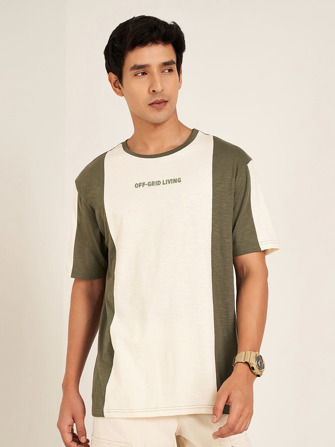 

7 Alt by Pantaloons Men Colourblocked Round Neck Cotton T-shirt, Olive