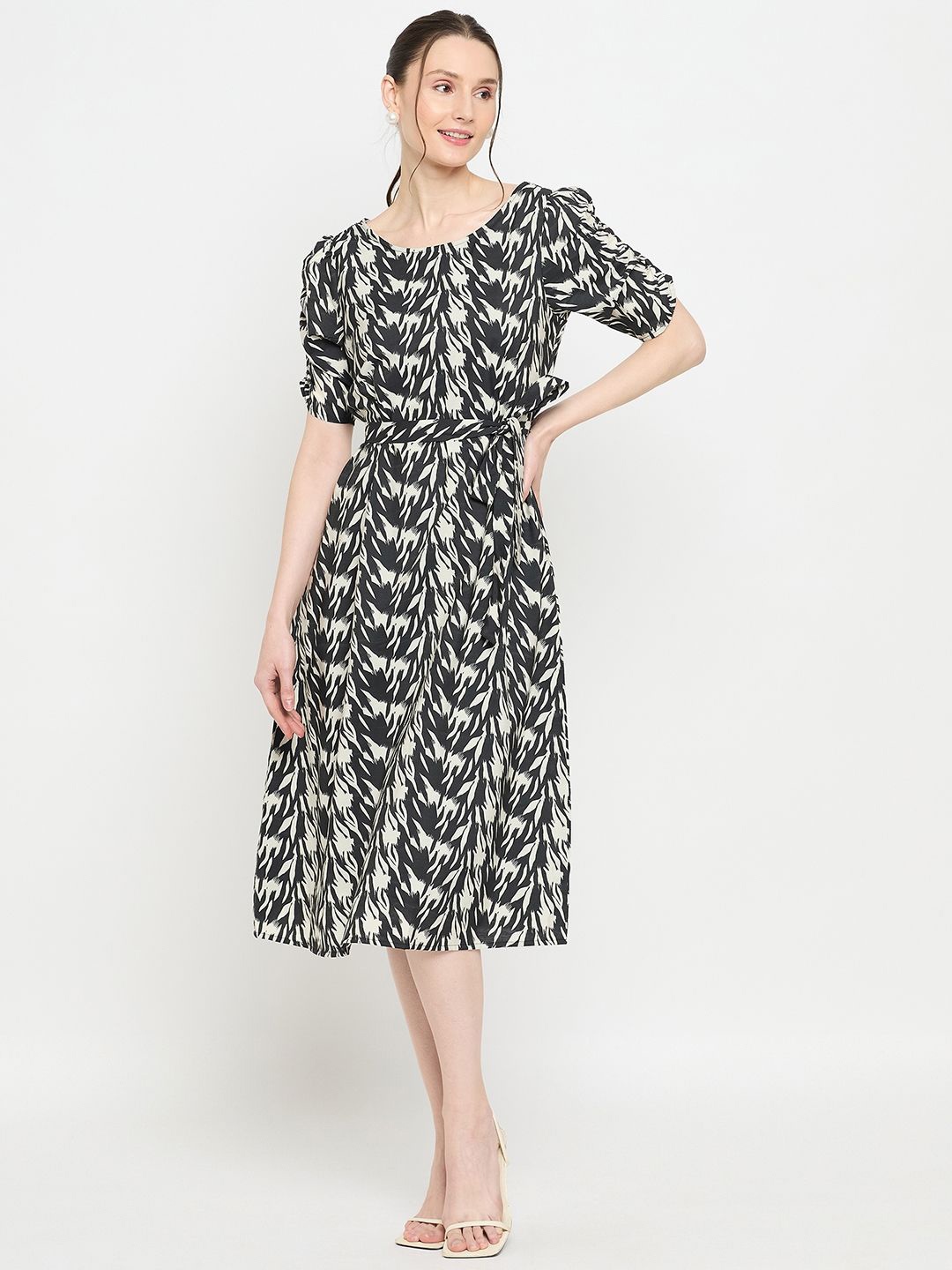 

BAESD Print Puff Sleeve A-Line Midi Dress, Black