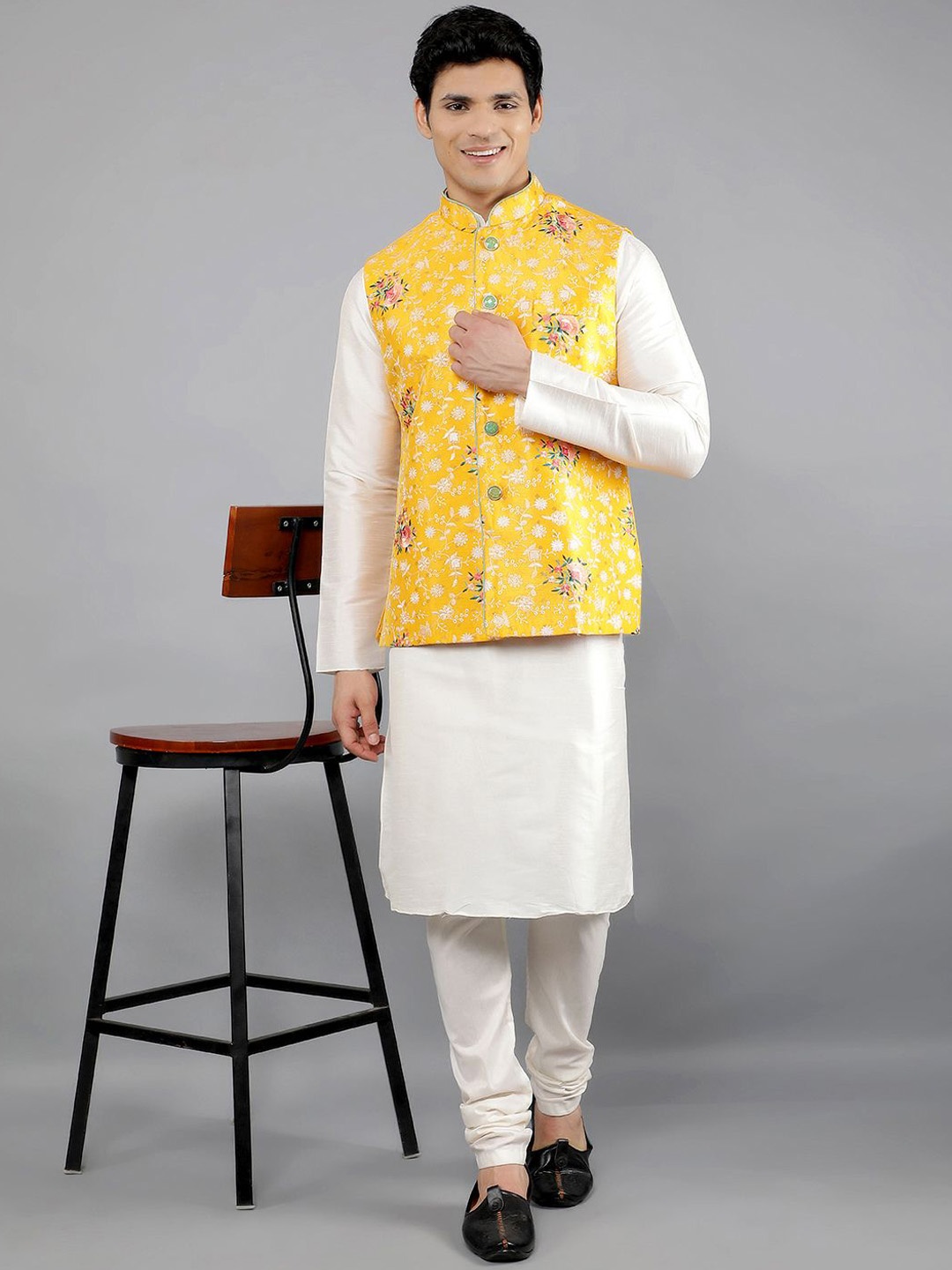 

Manish Creations Mandarin Collar Straight Kurta With Churidar And Nehru Jacket, Yellow