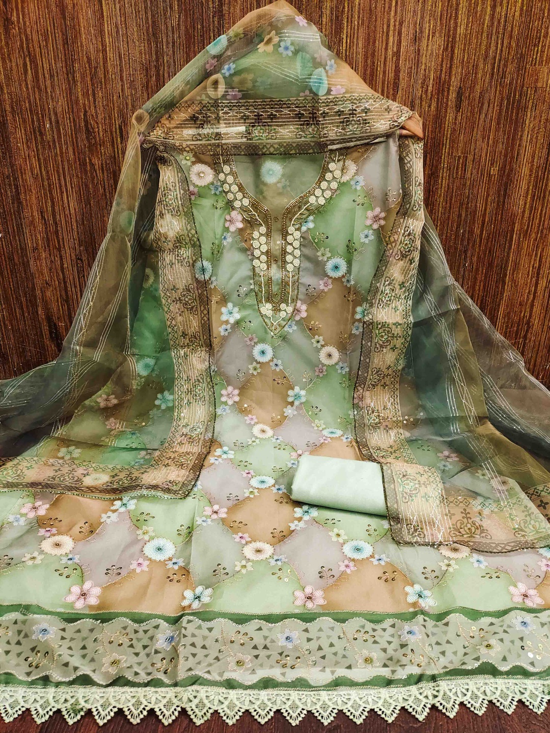 

KALINI Embellished Organza Unstitched Dress Material, Green