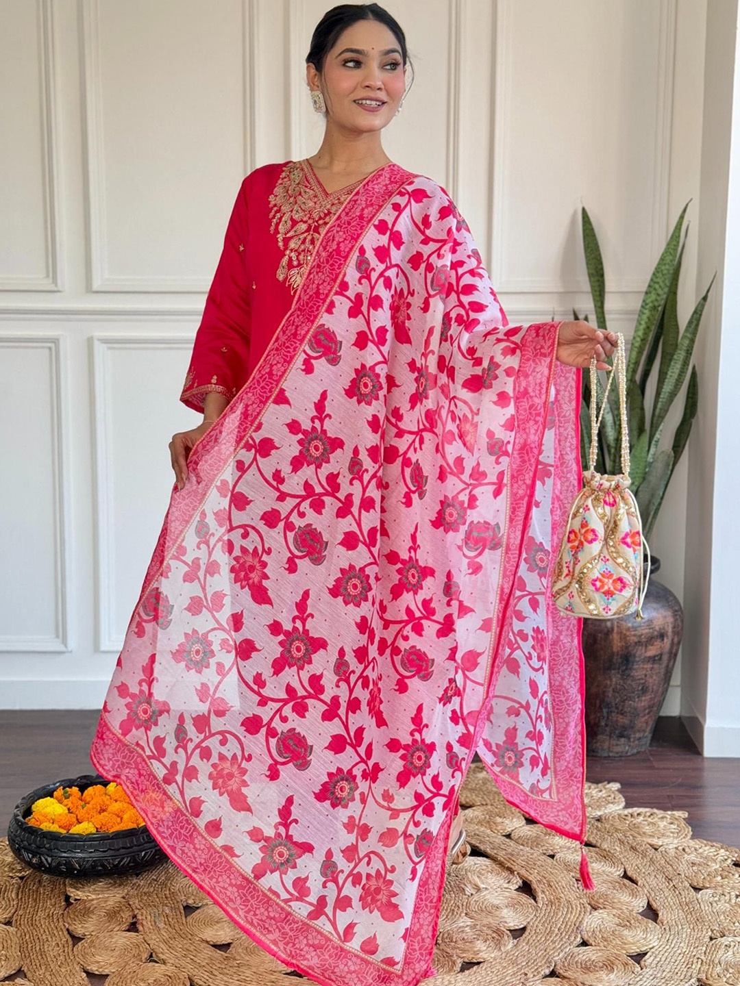 

Moda Rapido Floral Embroidered Seqqunied Straight Kurta With Trousers And Dupatta, Pink
