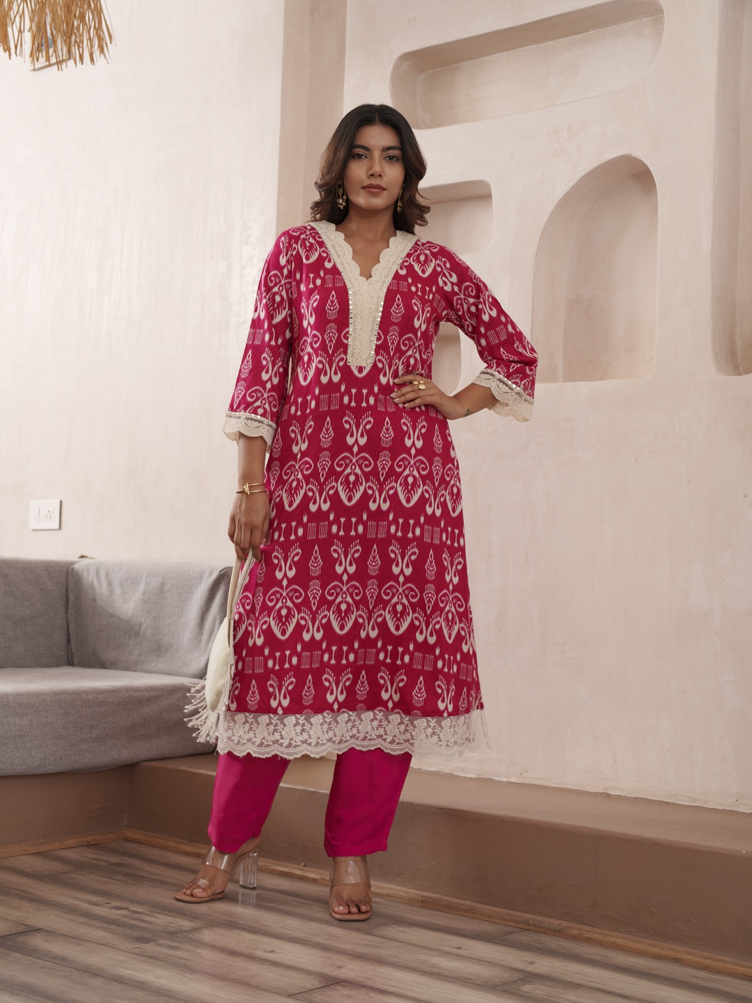 

Sangria Pink Ethnic Motif Printed V-Neck Straight Kurta With Trousers