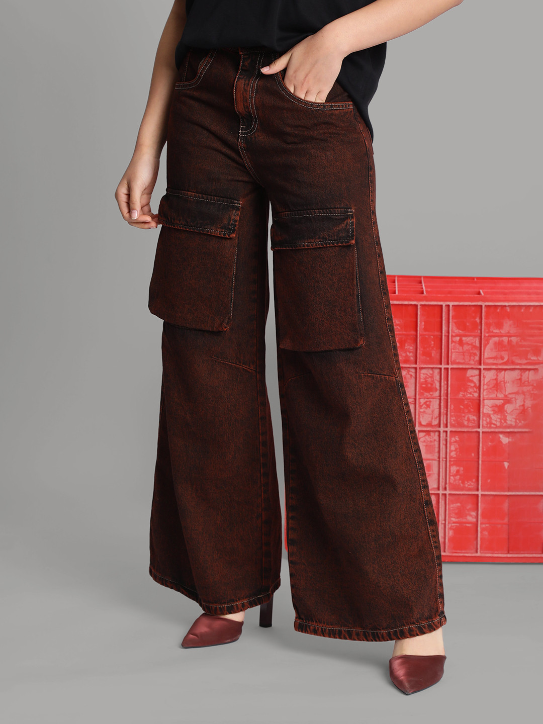 

Bene Kleed Women Wide Leg High-Rise Highly Distressed Jeans, Brown