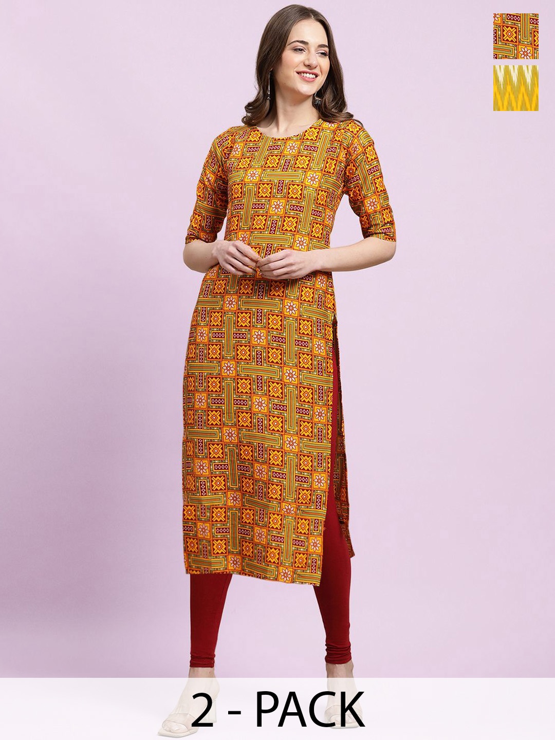 

Moda Rapido Pink & Yellow Selection of 2 Ethnic Motifs Printed Straight Kurtas, Green