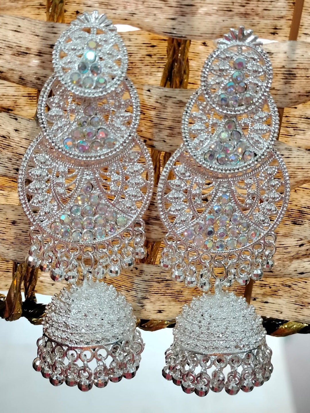

JMBW INTERNATIONAL Silver-Plated Dome Shaped Artificial Beads Chandbali Earrings