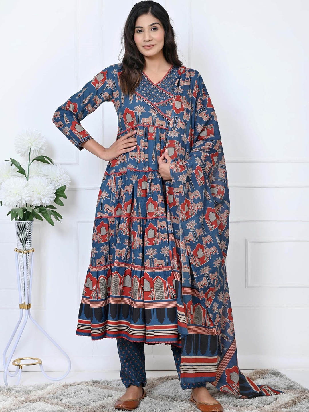 

Vbuyz Ethnic Motifs Printed Angrakha Pure Cotton Anarkali Kurta With Trousers & Dupatta, Blue