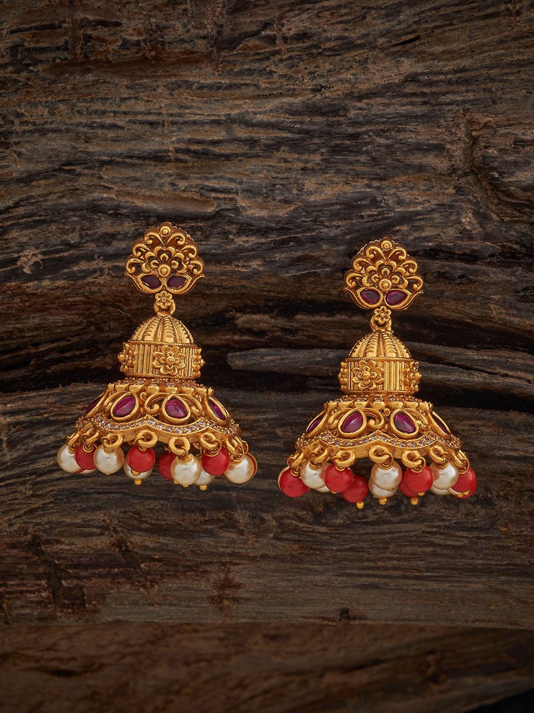 

Kushal's Fashion Jewellery Ruby Gold-Plated Dome Shaped Antique Jhumkas Earrings, Red