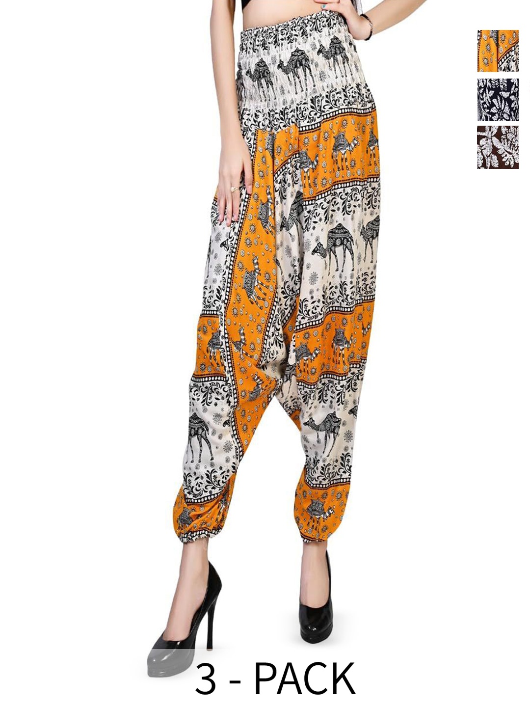 

NarNari Women Pack Of 3 Printed Harem Pants, Yellow