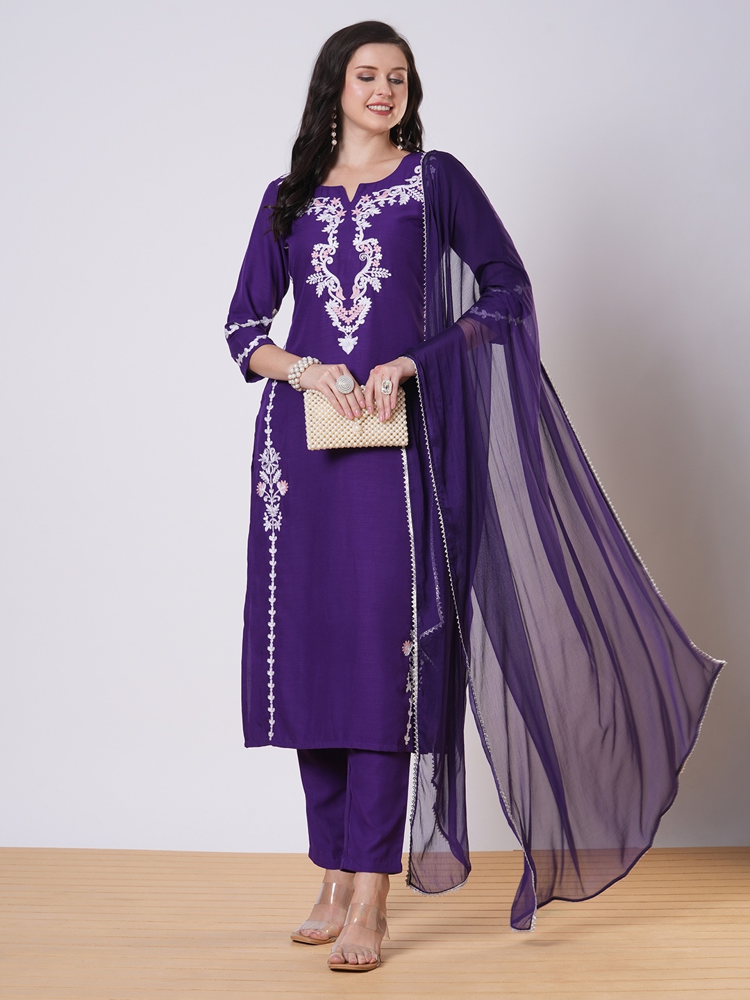 

Anni Designer Women Floral Embroidered Regular Kurta with Trousers & With Dupatta, Purple