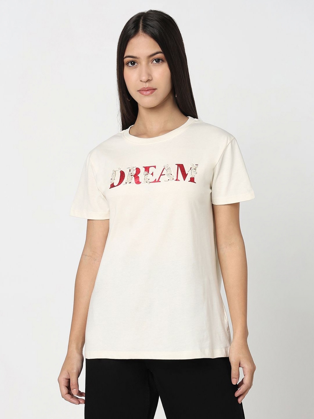 

R&B Women Typography Printed Round Neck Cotton T-shirt, White
