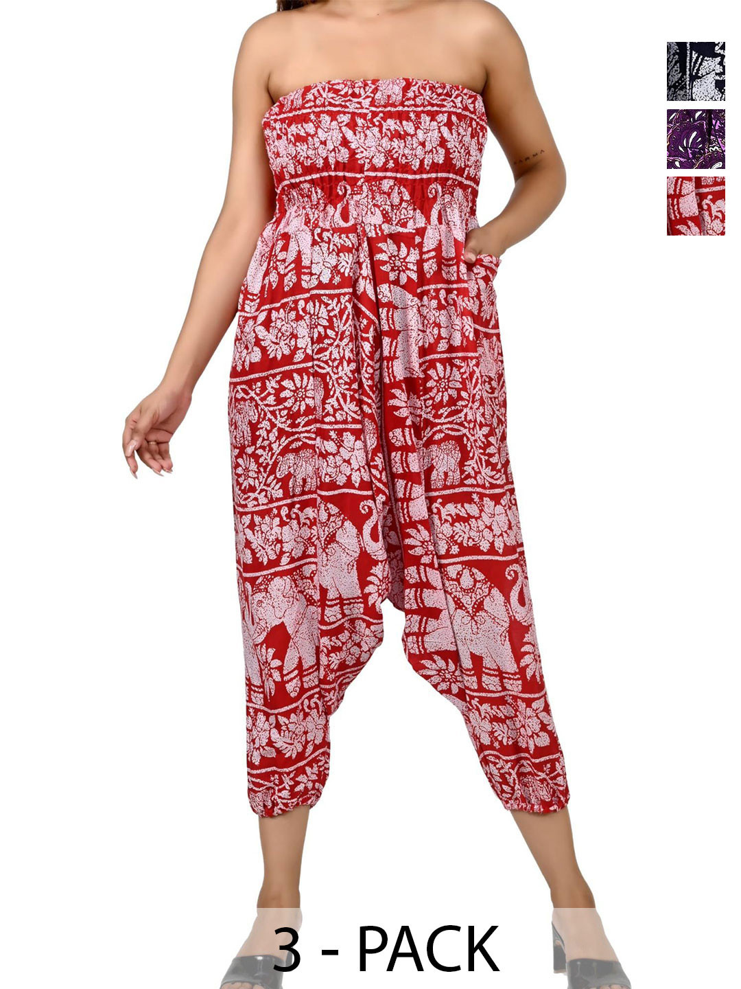 

NarNari Women Pack Of 3 Printed Loose Fit Harem Pants, Red