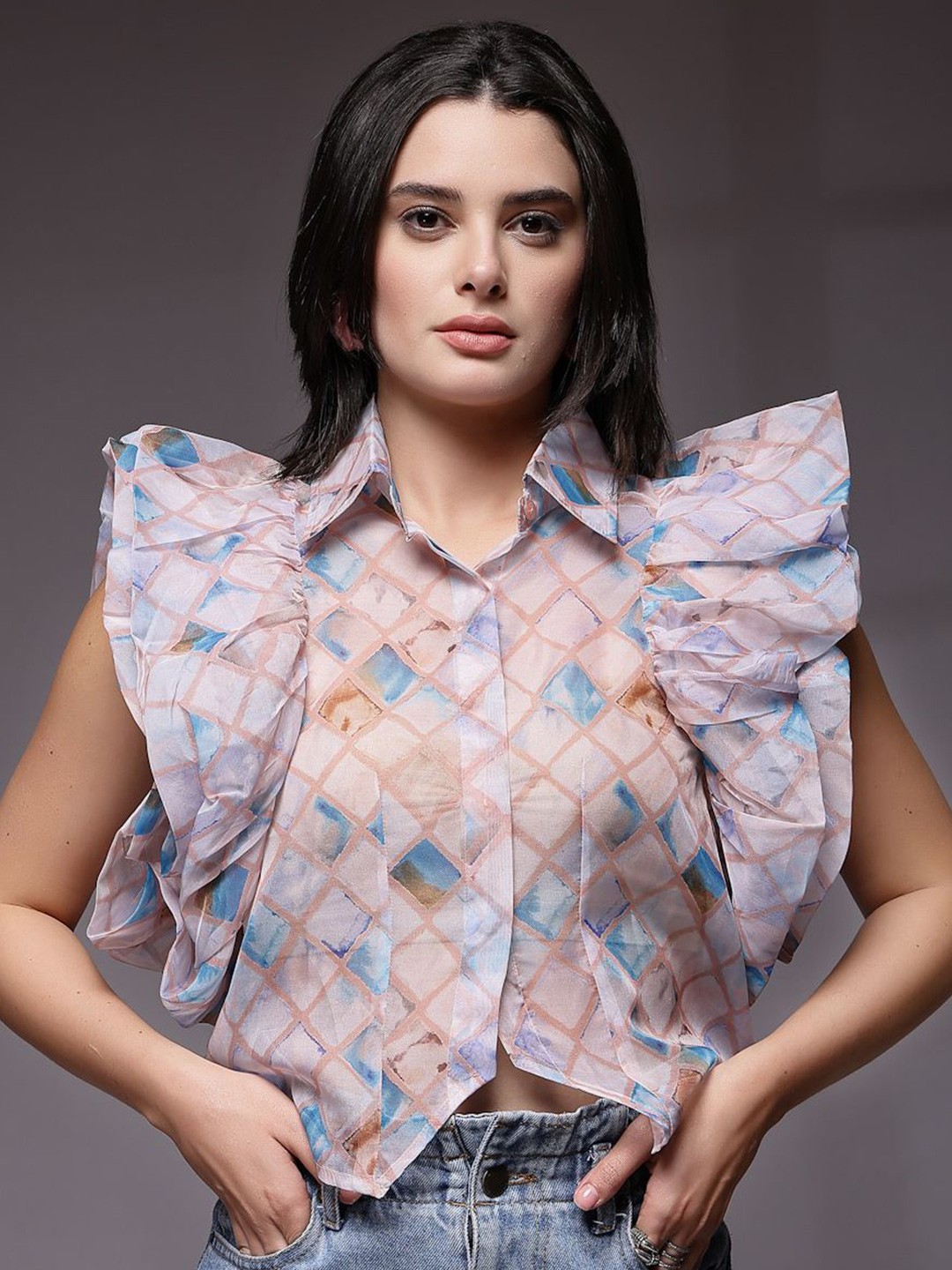 

KASSUALLY Women Comfort Sheer Printed Party Shirt, Peach
