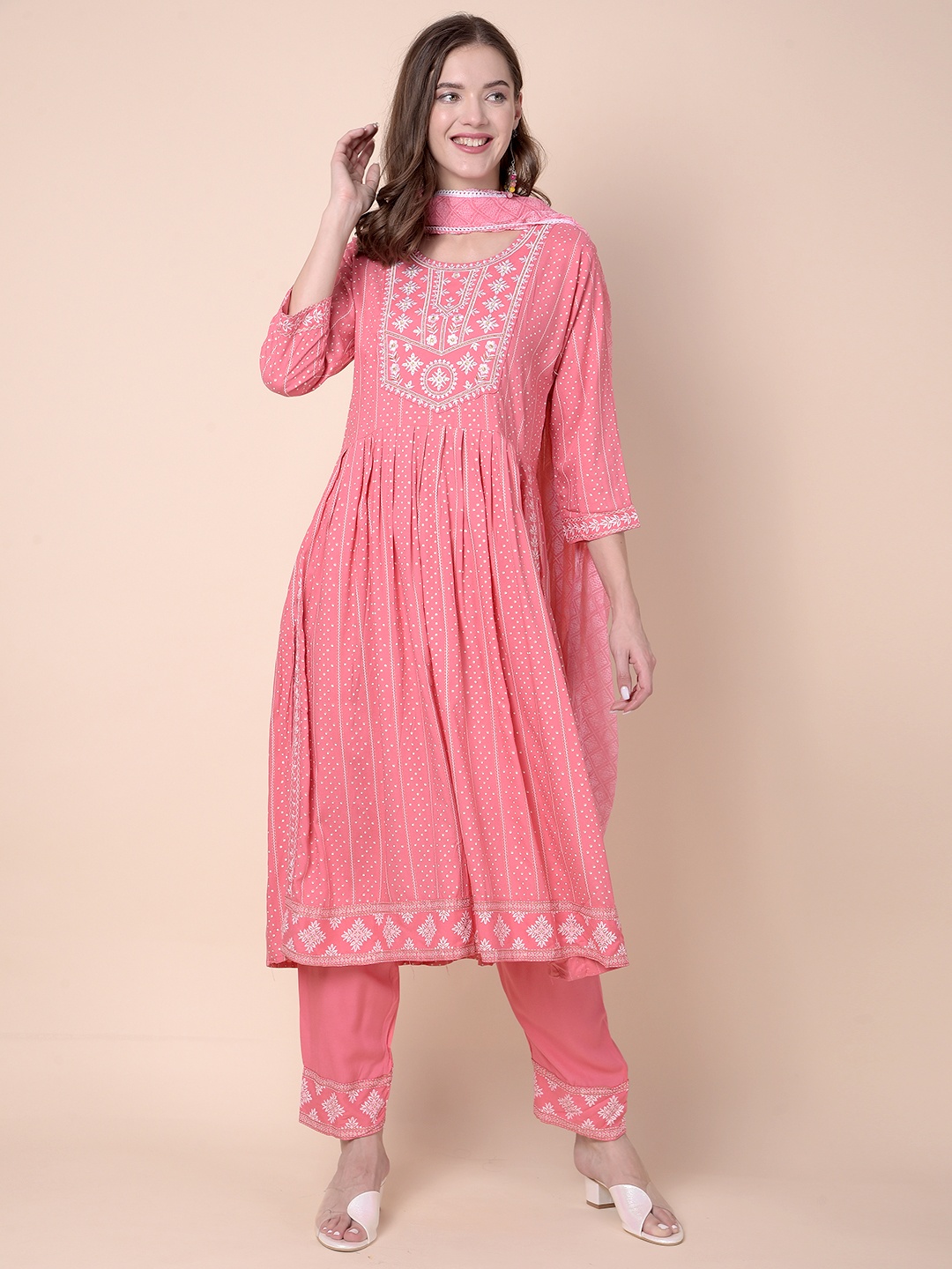 

Moda Rapido Women Embroidered Regular Thread Work Kurta with Trousers & With Dupatta, Peach