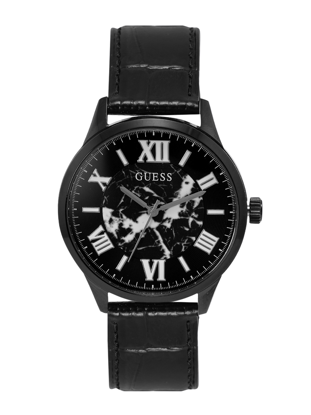 

GUESS Men Round Dial & Leather Textured Straps Analogue Watch U1435G3M, Black