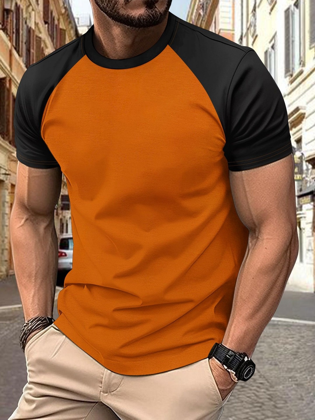 

StyleCast x Revolte Men Striped Raw Edge T-shirt, Orange