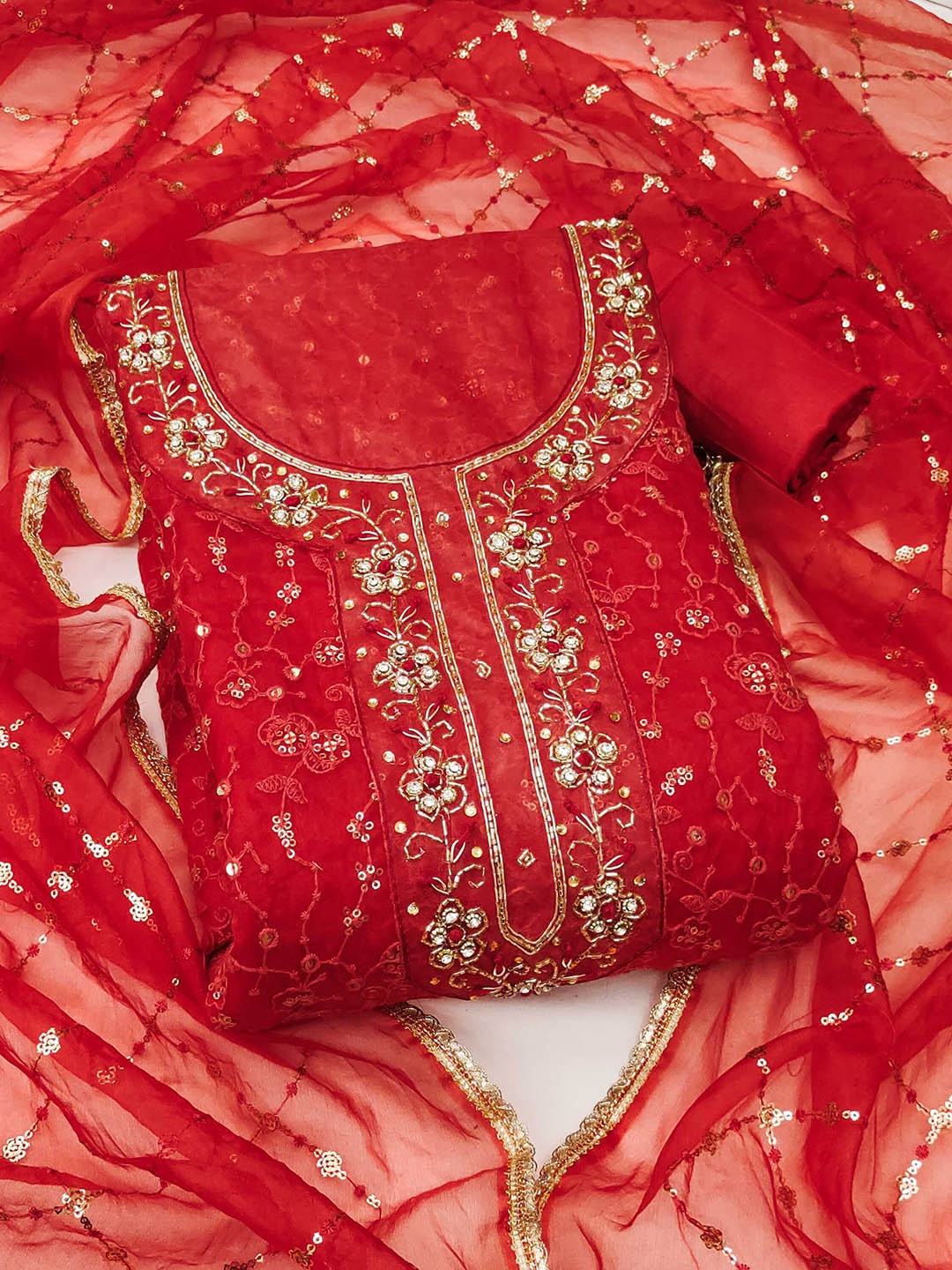 

KALINI Embroidered Organza Unstitched Dress Material, Red