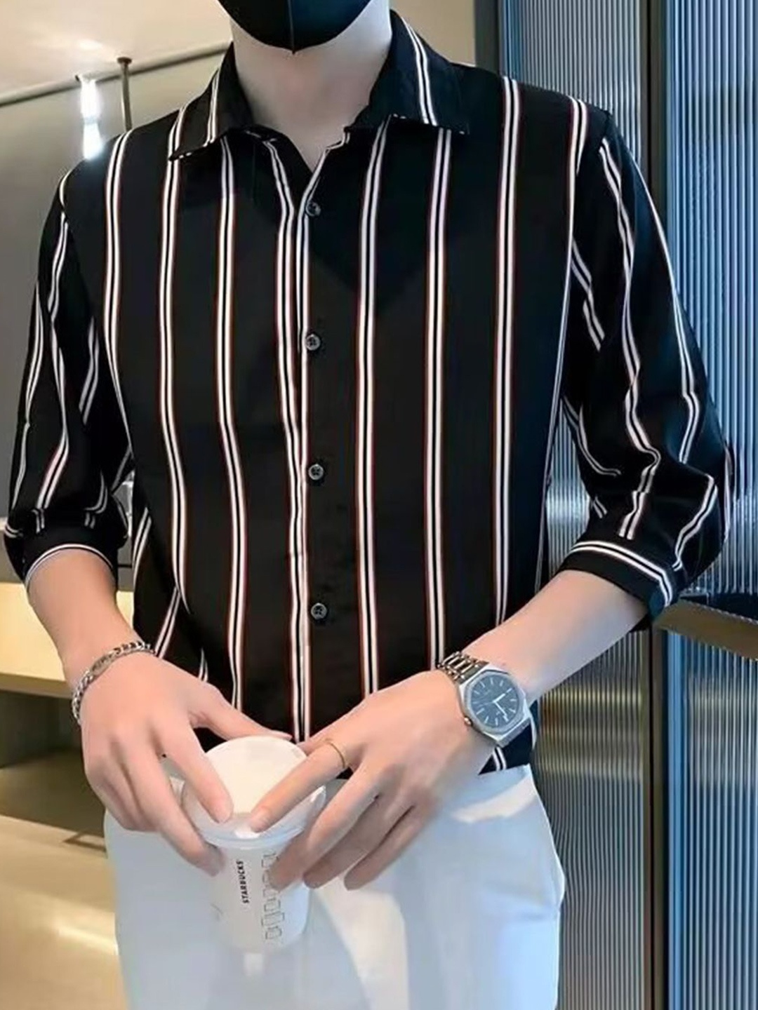 

HERE&NOW Men Relaxed Fit Spread Collar Vertical Striped Silk Casual Shirt, Black